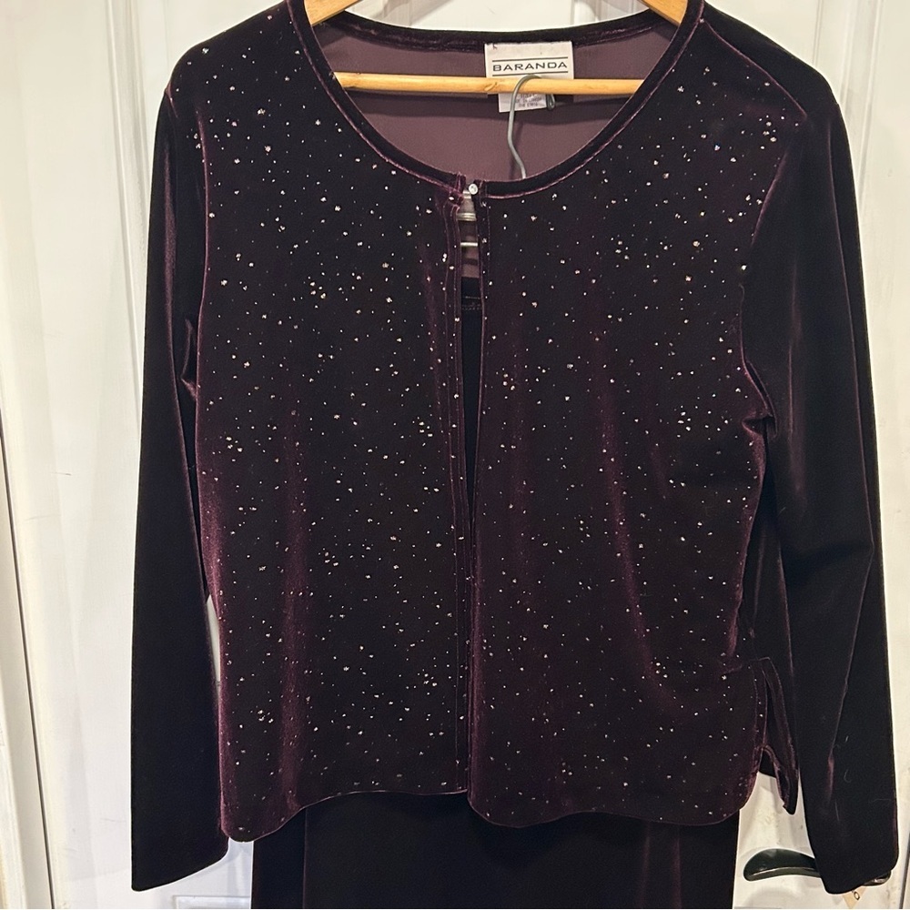 Vintage Baranda Womans burgundy glitter velvet 2 piece Skirt And Jacket Sz L NWT